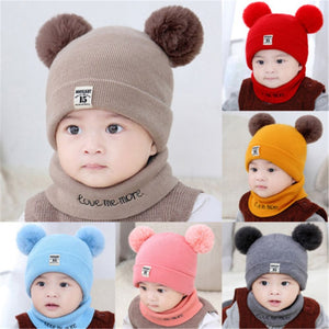 2 Pieces Baby Beanies Cap Set Baby Kid Solid Color Plush Ball Baby Girls Hat And Scarf - Lockman Store